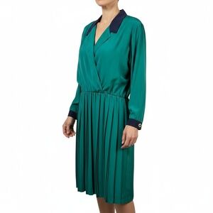 VTG Popovitch Dress 18 Plus Green Color Block Pleated Retro Vintage Chic Elegant